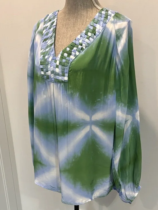 La Petite Francaise Barbara Tie Dye Tunic Braided V Neck Green Size Large - Picture 6 of 14